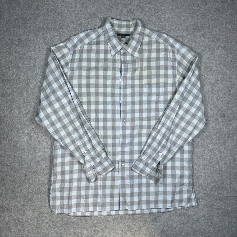 Ermenegildo Zegna button down Shirt Mens XL Blue Gray Plaid Luxury Cotton Italy